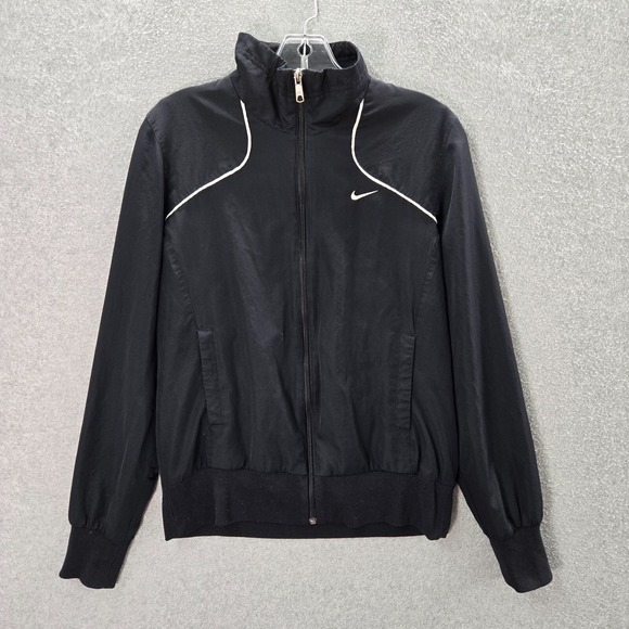 VINTAGE Nike Men Track Jacket Medium Black Windbreaker Swoosh Logo Full Zip - Picture 1 of 11